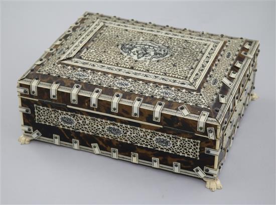 An early 20th century Indian ivory mounted tortoiseshell jewellery casket, 10.5in.